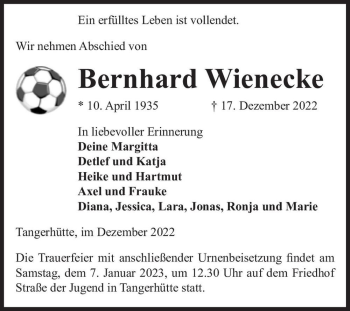 Traueranzeige von Bernhard Wienecke  von Magdeburger Volksstimme
