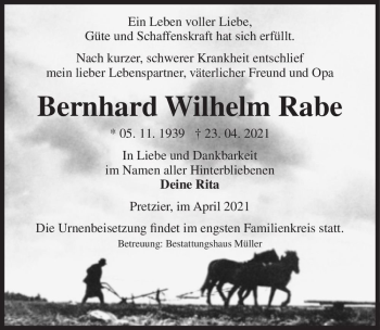 Traueranzeige von Bernhard Wilhelm Rabe  von Magdeburger Volksstimme