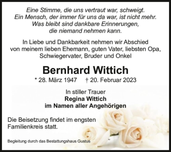 Traueranzeige von Bernhard Wittich  von Magdeburger Volksstimme