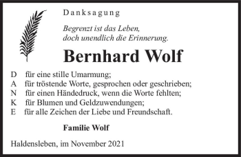 Traueranzeige von Bernhard Wolf  von Magdeburger Volksstimme