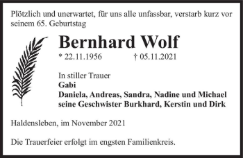 Traueranzeige von Bernhard Wolf  von Magdeburger Volksstimme