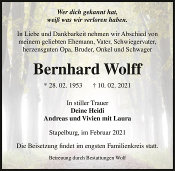 Traueranzeige von Bernhard Wolff  von Magdeburger Volksstimme