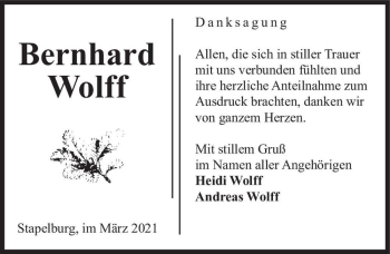 Traueranzeige von Bernhard Wolff  von Magdeburger Volksstimme