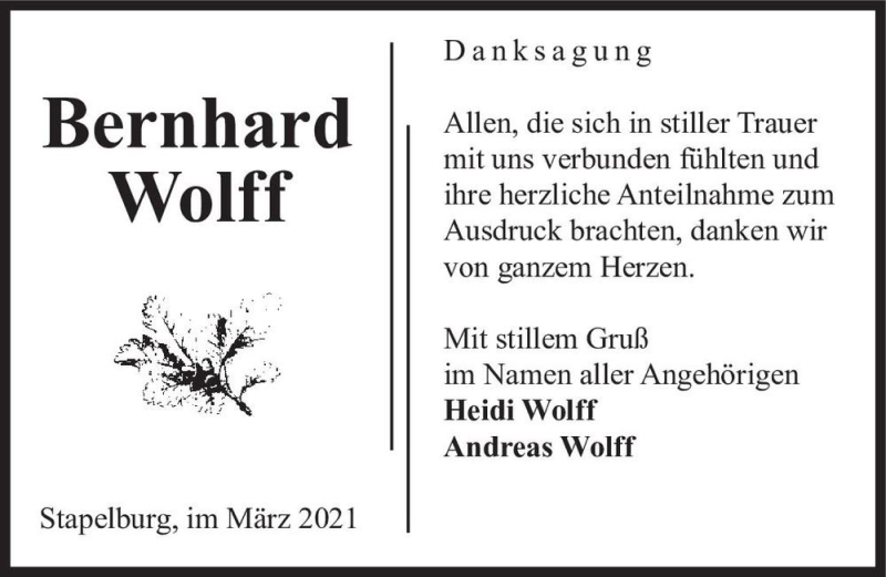  Traueranzeige für Bernhard Wolff  vom 13.03.2021 aus Magdeburger Volksstimme