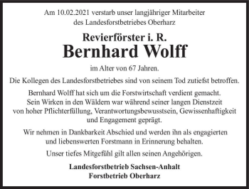 Traueranzeige von Bernhard Wolff  von Magdeburger Volksstimme