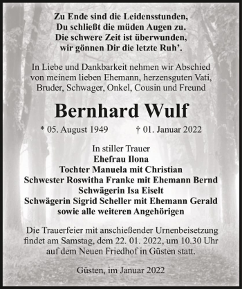 Traueranzeige von Bernhard Wulf  von Magdeburger Volksstimme