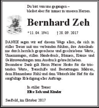 Traueranzeige von Bernhard Zeh  von Magdeburger Volksstimme