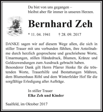 Traueranzeige von Bernhard Zeh  von Magdeburger Volksstimme