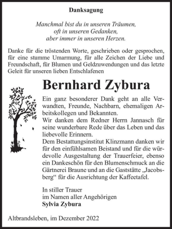 Traueranzeige von Bernhard Zybura  von Magdeburger Volksstimme