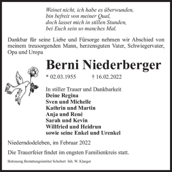 Traueranzeige von Berni Niederberger  von Magdeburger Volksstimme