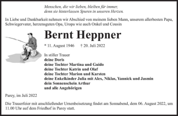 Traueranzeige von Bernt Heppner  von Magdeburger Volksstimme