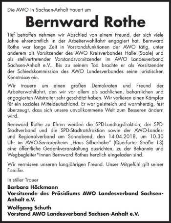 Traueranzeige von Bernward Rothe  von Magdeburger Volksstimme