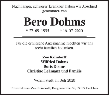 Traueranzeige von Bero Dohms  von Magdeburger Volksstimme