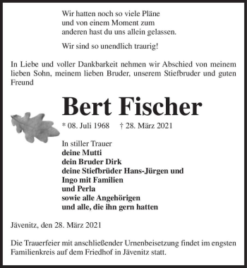 Traueranzeige von Bert Fischer  von Magdeburger Volksstimme