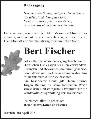 Traueranzeige von Bert Fischer  von Magdeburger Volksstimme