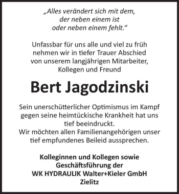Traueranzeige von Bert Jagodzinski  von Magdeburger Volksstimme