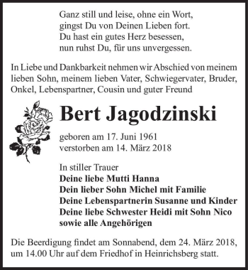 Traueranzeige von Bert Jagodzinski  von Magdeburger Volksstimme
