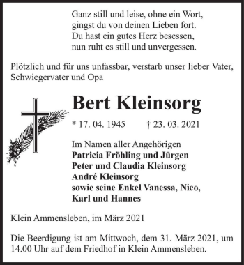 Traueranzeige von Bert Kleinsorg  von Magdeburger Volksstimme