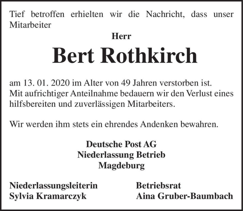  Traueranzeige für Bert Rothkirch  vom 25.01.2020 aus Magdeburger Volksstimme