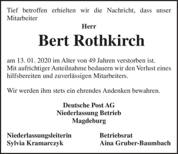 Traueranzeige von Bert Rothkirch  von Magdeburger Volksstimme