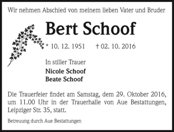Traueranzeige von Bert Schoof  von Magdeburger Volksstimme