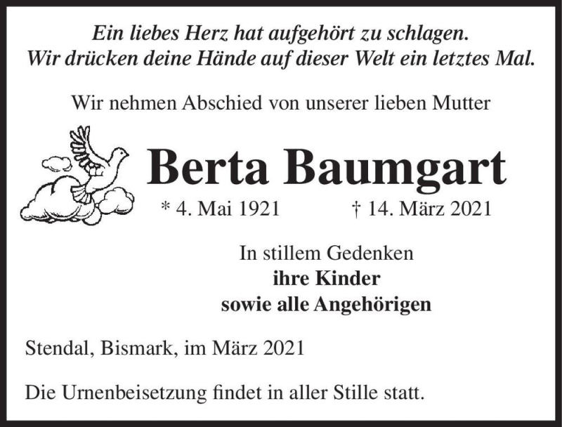  Traueranzeige für Berta Baumgart  vom 20.03.2021 aus Magdeburger Volksstimme