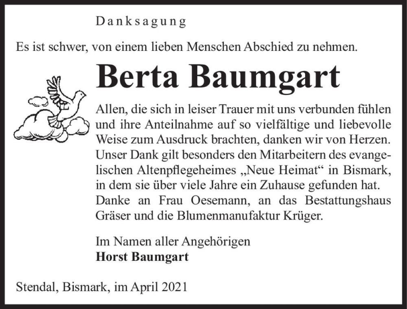  Traueranzeige für Berta Baumgart  vom 24.04.2021 aus Magdeburger Volksstimme