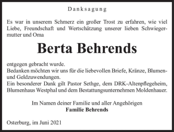 Traueranzeige von Berta Behrends  von Magdeburger Volksstimme