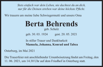 Traueranzeige von Berta Behrends (geb. Schulz)  von Magdeburger Volksstimme