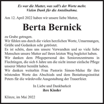 Traueranzeige von Berta Bernick  von Magdeburger Volksstimme