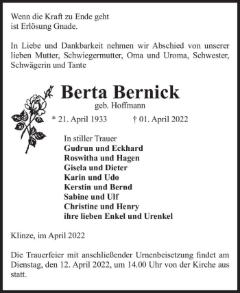 Traueranzeige von Berta Bernick (geb. Hoffmann)  von Magdeburger Volksstimme