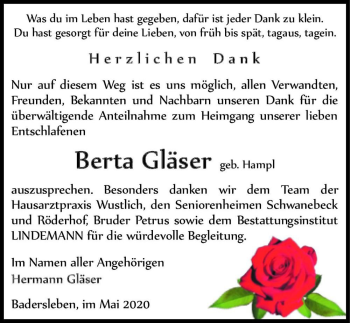 Traueranzeige von Berta Gläser (geb. Hampl)  von Magdeburger Volksstimme