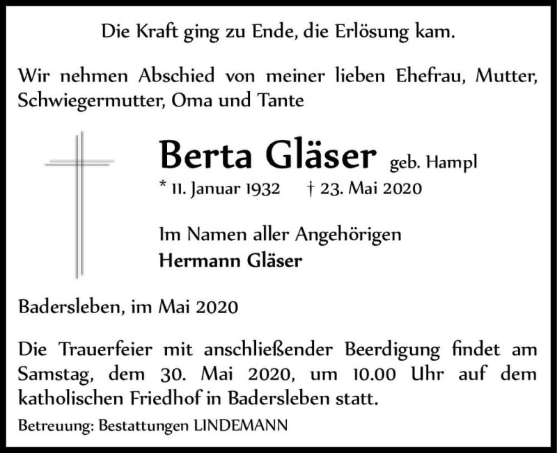  Traueranzeige für Berta Gläser (geb. Hampl )  vom 27.05.2020 aus Magdeburger Volksstimme