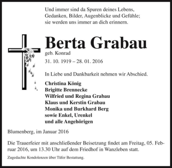 Traueranzeige von Berta Grabau (geb. Konrad)  von Magdeburger Volksstimme