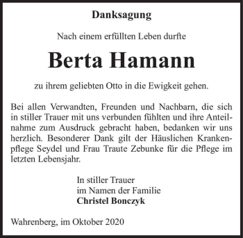 Traueranzeige von Berta Hamann  von Magdeburger Volksstimme