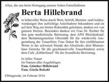 Traueranzeige von Berta Hillebrand  von Magdeburger Volksstimme