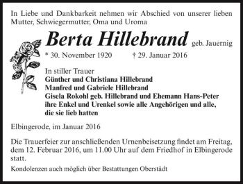 Traueranzeige von Berta Hillebrand (geb. Jauernig)  von Magdeburger Volksstimme
