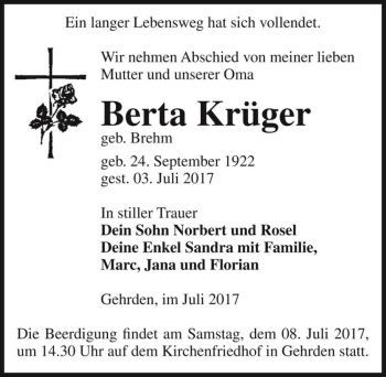 Traueranzeige von Berta Krüger (geb. Brehm)  von Magdeburger Volksstimme