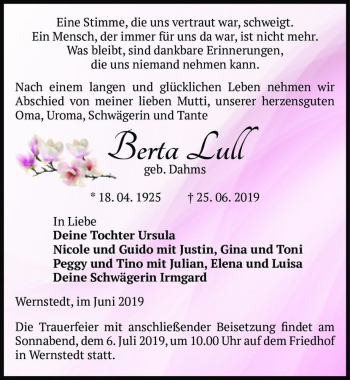 Traueranzeige von Berta Lull (geb. Dahms)  von Magdeburger Volksstimme