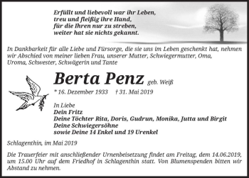 Traueranzeige von Berta Penz (geb. Weiß)  von Magdeburger Volksstimme