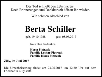 Traueranzeige von Berta Schiller  von Magdeburger Volksstimme