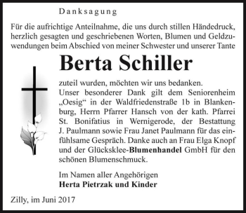 Traueranzeige von Berta Schiller  von Magdeburger Volksstimme
