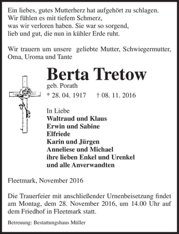Traueranzeige von Berta Tretow (geb. Porath)  von Magdeburger Volksstimme