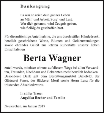 Traueranzeige von Berta Wagner  von Magdeburger Volksstimme
