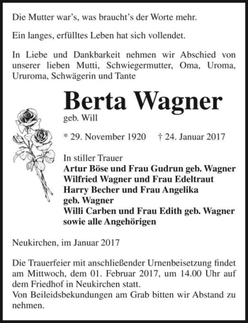 Traueranzeige von Berta Wagner (geb. Will)  von Magdeburger Volksstimme