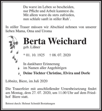 Traueranzeige von Berta Weichard (geb. Lißner)  von Magdeburger Volksstimme