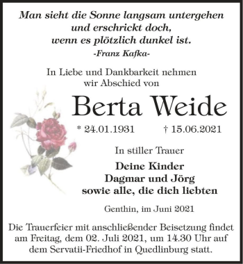 Traueranzeige von Berta Weide  von Magdeburger Volksstimme