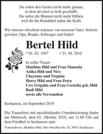 Traueranzeige von Bertel Hild  von Magdeburger Volksstimme