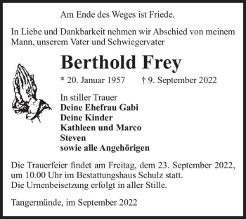 Traueranzeige von Berthold Frey  von Magdeburger Volksstimme
