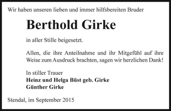 Traueranzeige von Berthold Girke  von Magdeburger Volksstimme